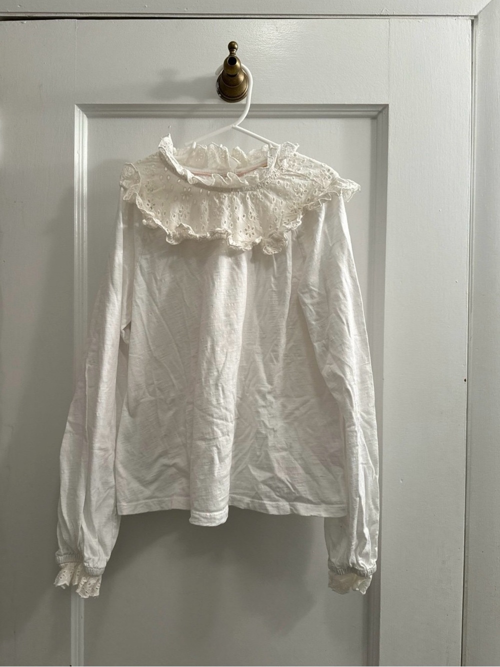 Mini Boden White Eyelet Ruffle Collar Long Sleeve Top